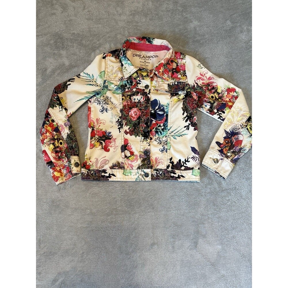 DreamPop Floral Denim Jacket Yng Girl Sz16/XL   Pop Art Cheerful Bright  Preppy